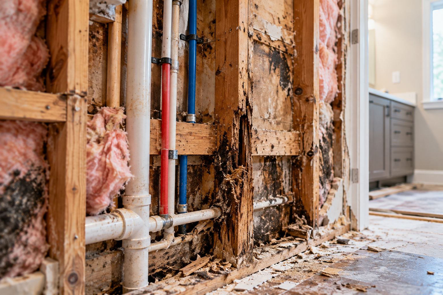 Concealed water damage and deteriorated framing exposed during renovation