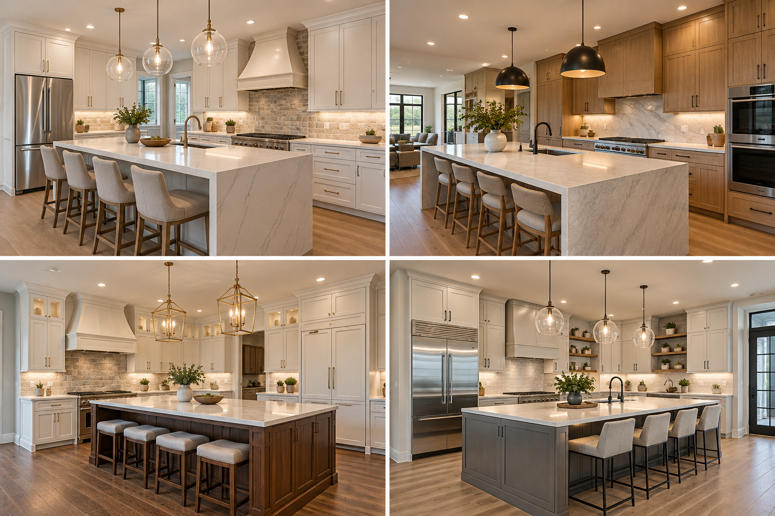 Kitchen design possibilities including white, wood and two-tone cabinetry with large islands