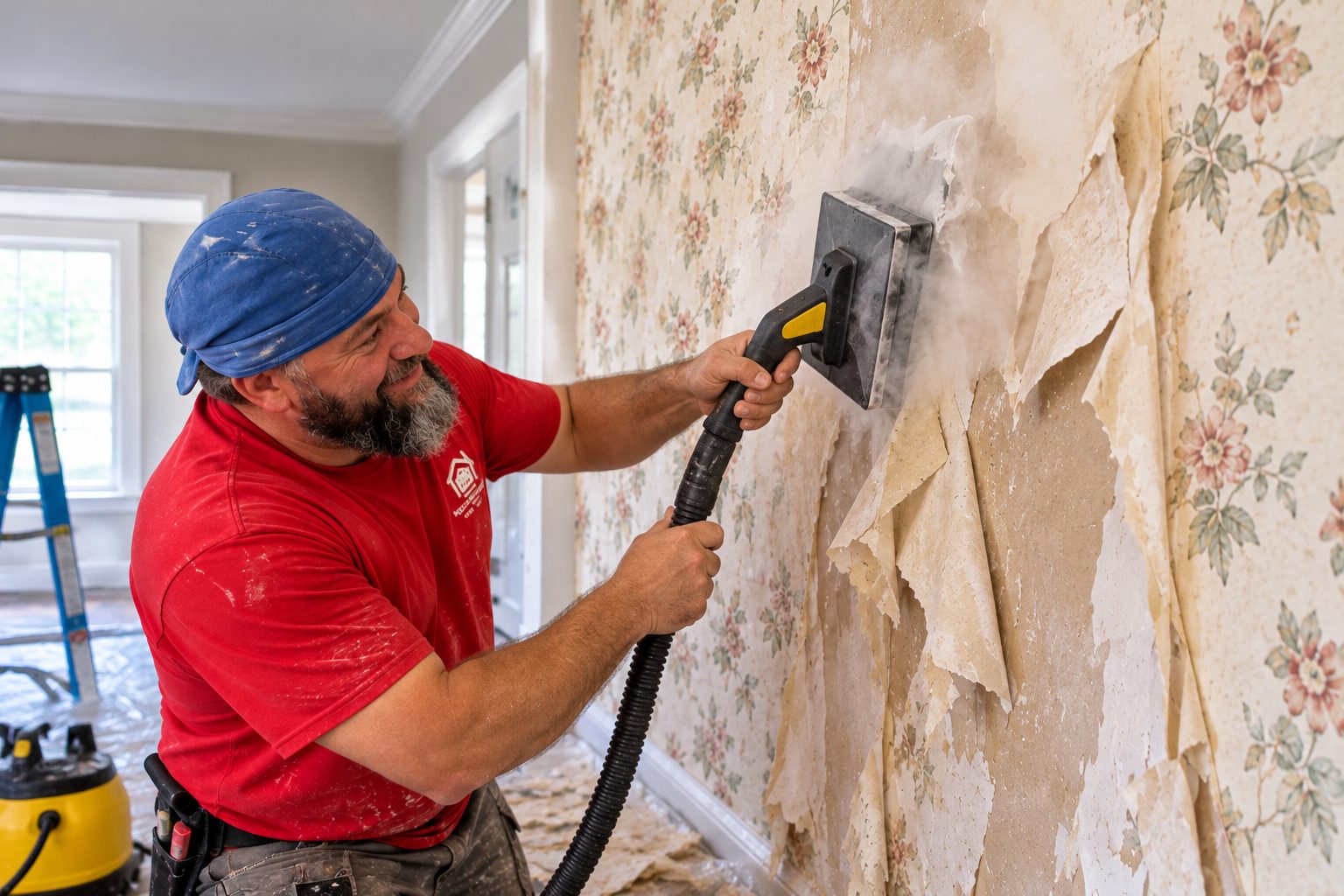 Contractor using a wallpaper steamer to remove wallpaper before interior painting