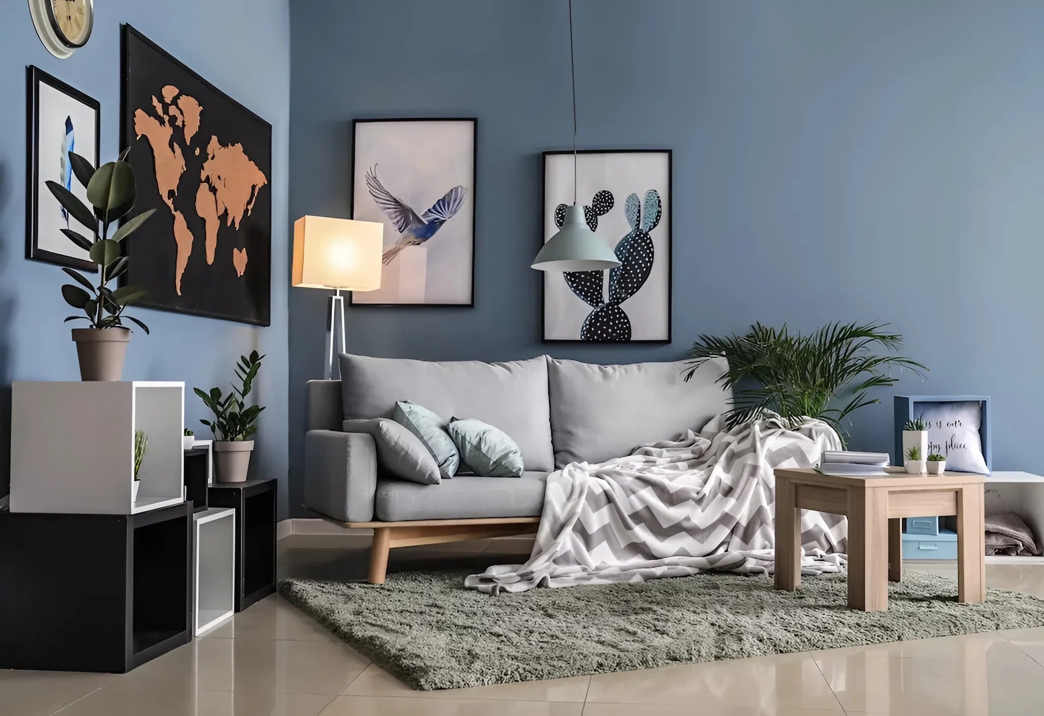 Living room with light blue wall paint and a smooth satin finish by an interior painter in Clemmons, NC
