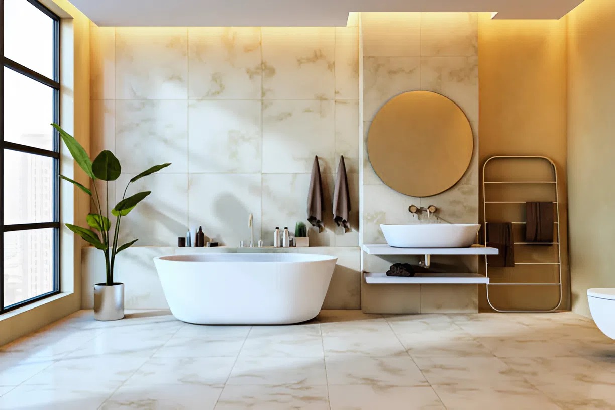 Modern bathroom with warm neutral wall paint and smooth, durable finish by a painter in Advance, NC