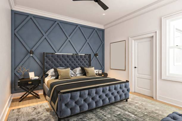 Navy blue accent wall with decorative trim detailing and clean finishes by a painting company in Clemmons, NC