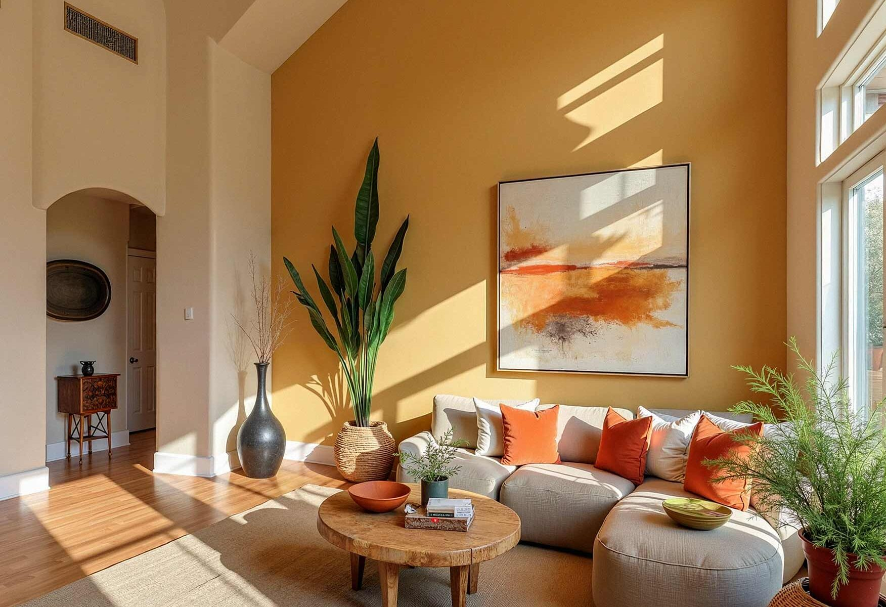 Warm golden accent wall with beige trims by a professional painter in Oak Ridge, NC.