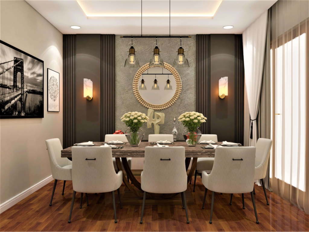 Dining room with dark gray accent wall panels and textured feature wall by a professional painter in Oak Ridge, NC.